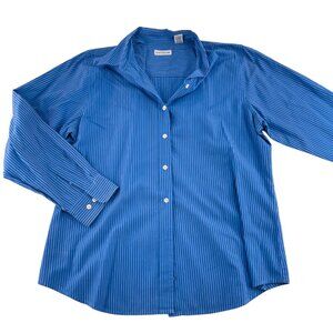Ann Taylor Womens Blue Striped Button-Up Long Sleeve Shirt Size L Cotton